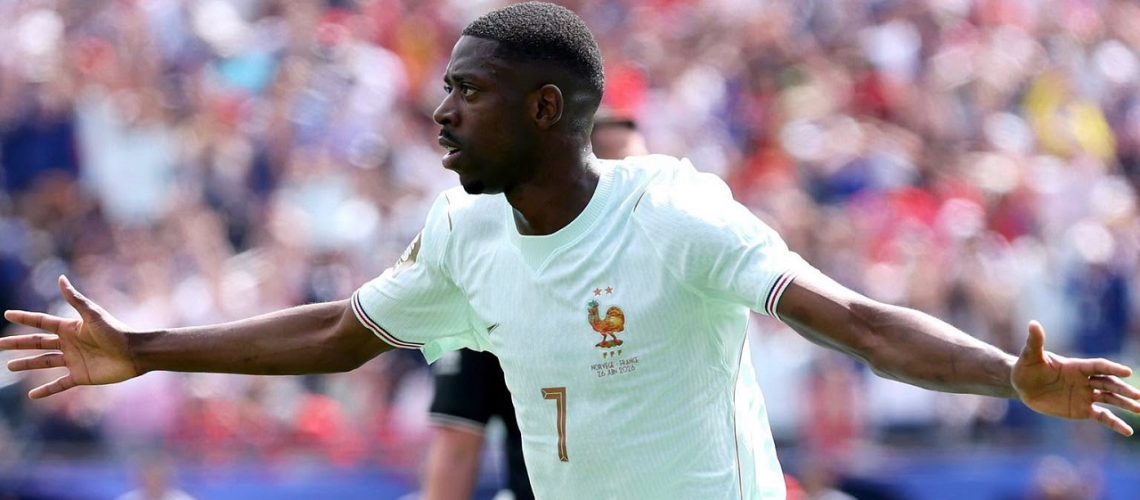 FOXBOROUGH, MASSACHUSETTS - JUNE 26: Ousmane Dembele #7 of France celebrates scoring his team's first goal during the FIFA World Cup 2026 Group I match between Norway and France at Boston Stadium on June 26, 2026 in Foxborough, Massachusetts. (Photo by Justin Setterfield/Getty Images)