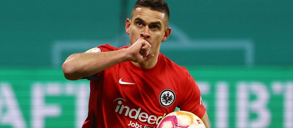 Soccer Football - DFB Cup - Round of 16 - Eintracht Frankfurt v SV Darmstadt 98 - Deutsche Bank Park, Frankfurt, Germany - February 7, 2023 Eintracht Frankfurt's Rafael Santos Borre celebrates scoring their second goal REUTERS/Kai Pfaffenbach DFB REGULATIONS PROHIBIT ANY USE OF PHOTOGRAPHS AS IMAGE SEQUENCES AND/OR QUASI-VIDEO.
