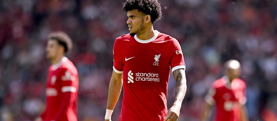 LIVERPOOL, ENGLAND - MAY 20: (THE SUN OUT, THE SUN ON SUNDAY OUT) Luis Diaz of Liverpool during the Premier League match between Liverpool FC and Aston Villa at Anfield on May 20, 2023 in Liverpool, England. (Photo by Andrew Powell/Liverpool FC via Getty Images)