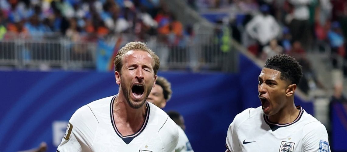 ATLANTA, GEORGIA - JULY 01: Harry Kane #9 of England celebrates scoring his team's first goal during the FIFA World Cup 2026 Round Of 32 match between England and Congo DR at Atlanta Stadium on July 01, 2026 in Atlanta, Georgia. (Photo by Richard Pelham/Getty Images)